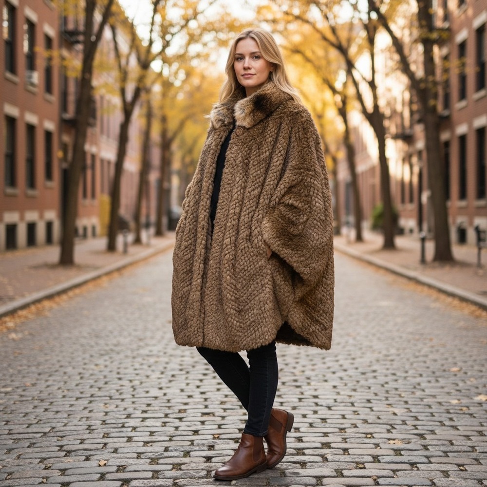 Pamela McCoy Chevronâ Faux Fur Cape Poncho Brown Glam Coat Women's L XL